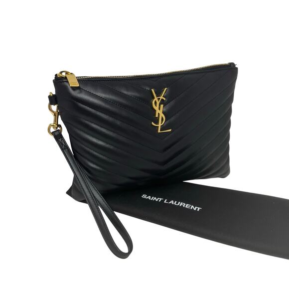 Saint Laurent YSL Uptown Pouch Black Chevron Quilted Leather Wristlet Bag Clutch - Picture 3 of 12